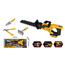 Набір інструментів T 021 (12) кущоріз на батарейках, звукові ефекти, зубці рухаються, рухома ручка-тримач, садові ножиці, лопатка, граблі, в коробці