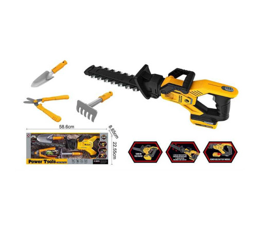 Набір інструментів T 021 (12) кущоріз на батарейках, звукові ефекти, зубці рухаються, рухома ручка-тримач, садові ножиці, лопатка, граблі, в коробці