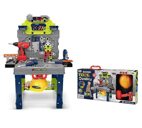 Набір інструментів 008-201 (8) конструктор, шуруповерт обертається, реверс, верстат, каска, валіза, молоток, тиски, пилка, викрутки, гайковий ключ, штангенциркуль, болти, в коробці