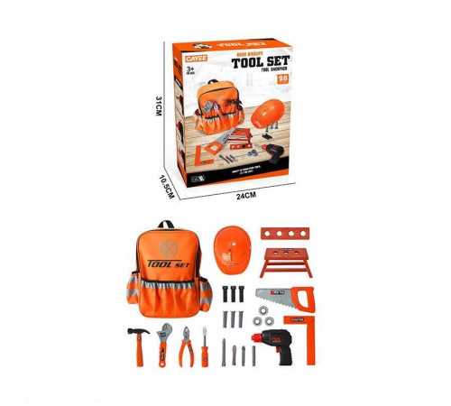 Набір інструментів KY 1068-33 (24/2) рюкзак, каска, автоматичний дриль, знімні насадки, молоток, плоскогубці, викрутка, пила, стійка для інструментів, висота рюкзака - 29.5см, в коробці