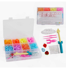 Набір резиночок для плетіння D 121 (96) 8 кольорів, верстат, пластикова фурнітура, рогатка, гачки, підвіски, інструкція, в боксі