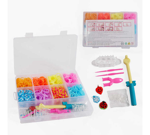 Набір резиночок для плетіння D 121 (96) 8 кольорів, верстат, пластикова фурнітура, рогатка, гачки, підвіски, інструкція, в боксі