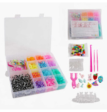 Набір резиночок для плетіння D 122 (72) 13 кольорів, верстат, пластикова фурнітура, рогатка, гачки, намистинки, підвіски, інструкція, в боксі