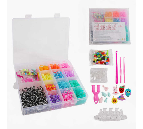Набір резиночок для плетіння D 122 (72) 13 кольорів, верстат, пластикова фурнітура, рогатка, гачки, намистинки, підвіски, інструкція, в боксі