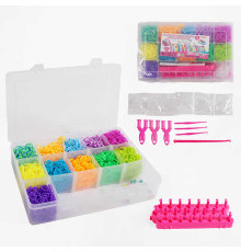 Набір резиночок для плетіння J 786 (48/2) 11 кольорів, пластикова фурнітура, рогатки, гачки, верстат, намистинки, інструкція, в боксі