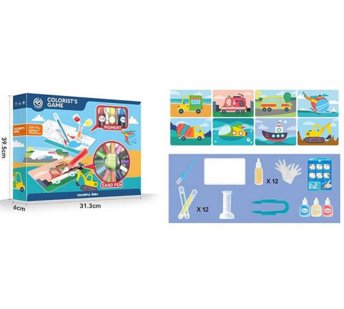 Розмальовка піском HJD 0903-3 (36/2) 12 кольорів піску, 8 двосторонніх розмальовок, фарби, 12 фломастерів, рукавички, в коробці