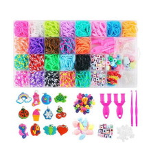 Набір резиночок для плетіння D 881 (60) 23 кольори, пластикова фурнітура, рогатки, гачки, пластикові карабіни, намистинки, підвіски, інструкція, в боксі