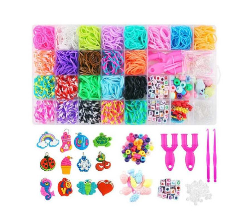 Набір резиночок для плетіння D 881 (60) 23 кольори, пластикова фурнітура, рогатки, гачки, пластикові карабіни, намистинки, підвіски, інструкція, в боксі