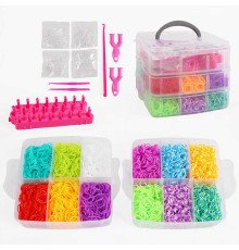 Набір резиночок для плетіння J 787 (36/2) 12 кольорів, пластикова фурнітура, рогатки, гачки, верстат, інструкція, в боксі