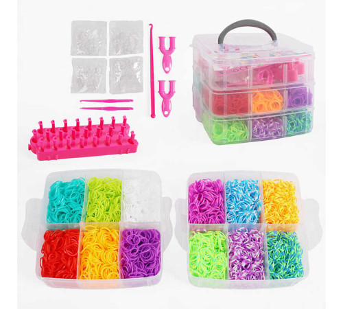 Набір резиночок для плетіння J 787 (36/2) 12 кольорів, пластикова фурнітура, рогатки, гачки, верстат, інструкція, в боксі