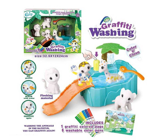 Набір для творчості 805 (24) 4 флоксові фігурки тварин, помпова подача води, 6 кольорових фломастерів, ванночка з гіркою, щіточка, в коробці