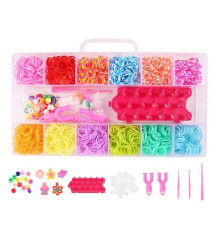 Набір резиночок для плетіння D 886 (60) 12 кольорів, верстат, пластикова фурнітура, рогатки, гачки, намистинки, підвіски, інструкція, в боксі