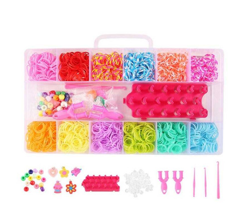 Набір резиночок для плетіння D 886 (60) 12 кольорів, верстат, пластикова фурнітура, рогатки, гачки, намистинки, підвіски, інструкція, в боксі