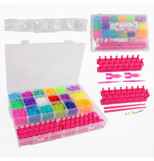 Набір резиночок для плетіння J 788 (36/2) 18 кольорів, пластикова фурнітура, рогатки, гачки, верстат, намистинки, інструкція, в боксі