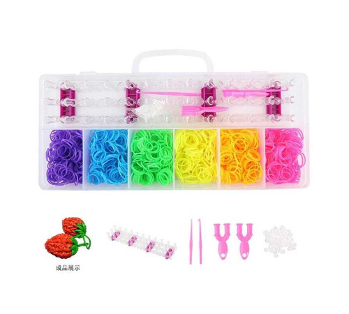 Набір резиночок для плетіння D 887 (80) 6 кольорів, пластикова фурнітура, рогатки, гачки, верстат, інструкція, в боксі