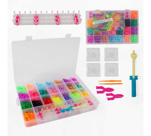 Набір резиночок для плетіння C 74656 (36) 22 кольори, пластикова фурнітура, рогатка, гачок, верстат, в боксі