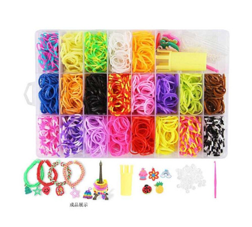 Набір резиночок для плетіння D 892 (80) 21 колір, підвіски, пластикова фурнітура, гачок, мініверстат, інструкція, в боксі