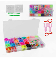 Набір резиночок для плетіння C 74659 (136) 23 кольори, пластикова фурнітура, гачок, рогатка, карабіни, намистинки, букви, підвіски, в боксі