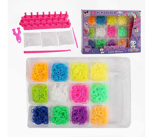 Набір резиночок для плетіння J 200-2 (72/2) 12 кольорів, верстат, пластикова фурнітура, рогатка, гачки, інструкція, в коробці