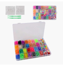 Набір резиночок для плетіння C 74660 (120) 28 кольорів, пластикова фурнітура, гачок, намистинки, букви, підвіски, в боксі