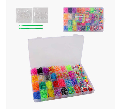Набір резиночок для плетіння C 74660 (120) 28 кольорів, пластикова фурнітура, гачок, намистинки, букви, підвіски, в боксі