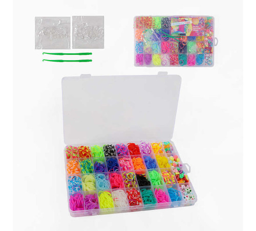 Набір резиночок для плетіння C 74661 (120) 32 кольори, пластикова фурнітура, гачок, намистинки, букви, підвіски, в боксі