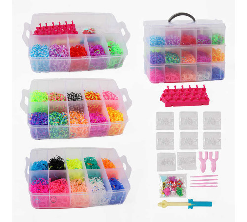 Набір резиночок для плетіння C 74663 (24) 25 кольорів, пластикова фурнітура, гачок, верстат, рогатка, підвіски, в боксі