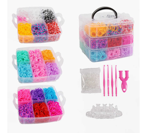 Набір резиночок для плетіння D 117 (60) 17 кольорів, пластикова фурнітура, рогатка, гачки, верстат, інструкція, в боксі