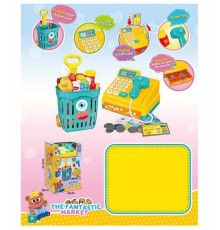 Касовий апарат 35654 (8/2) звуки, підсвічування, калькулятор, муляжі грошей, муляжі продуктів, кошик для супермаркету, в коробці