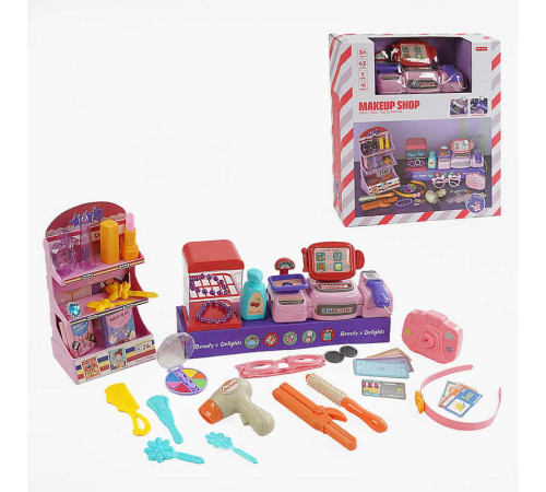 Магазин MW 5582 (16) касовий апарат, звук, репліки англ. мовою, підсвічування, стелаж, муляжі, прикраси, наліпки, гребінець, окуляри, в коробці