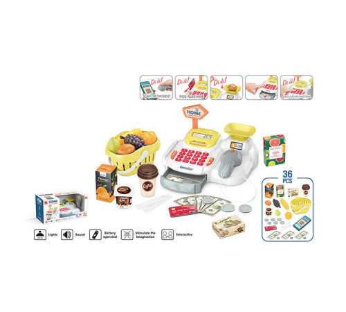Касовий апарат 668-115 (12) звук, підсвічування, ваги, сканер, кошик з продуктами, гроші, банківська картка, калькулятор, від батарейок, в коробці