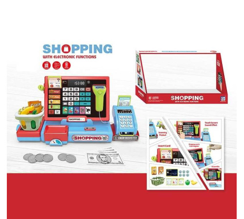 Касовий апарат 818-389 (16/2) розмір - 37.5х13х16.5 см, калькулятор, сканер, стрічка, термінал, кошик, продукти, картка, гроші, чеки, монети, звуки, підсвічування, рухомі елементи, в коробці