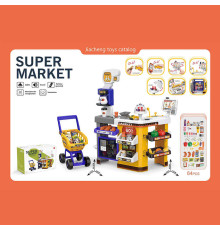 Супермаркет 668-141 (6) 64 елементи, світло, звук, касовий апарат, сканер, візок для покупок, кавомашина, полиці, продукти, купюри, монети, в коробці