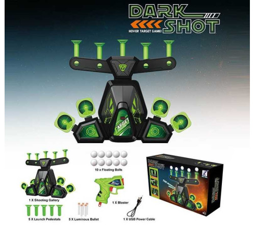 Повітряний тир 3372 (24) 2 режими: статичні мішені та левітуючі кульки, підсвічуване табло, звук, регуляція потужності повітря, механічний пістолет, 5 м'яких патронів, 10 пінопластових кульок, люмінесцентні елементи, від мережі або від батарейок, в к