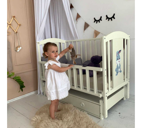 гр Ліжечко дитяче ЛІЛІ "Зайчик" (1) шарнір-підшипник з відкидною боковиною+шухляда, (Слонова кістка)