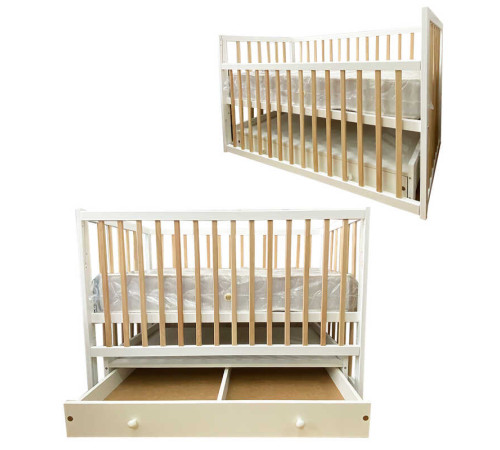 гр Ліжечко дитяче "Софія" - шарнір-підшипник+ящик з опускною боковиною (Білий+натуральний)
