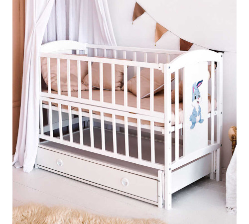гр Ліжечко дитяче ЛІЛІ "Зайчик" (1) шарнір-підшипник з відкидною боковиною+шухляда, (білий)