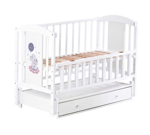 гр Ліжечко дитяче ЛІЛІ "Слоник" (1) шарнір-підшипник з відкидною боковиною+шухляда, (білий)