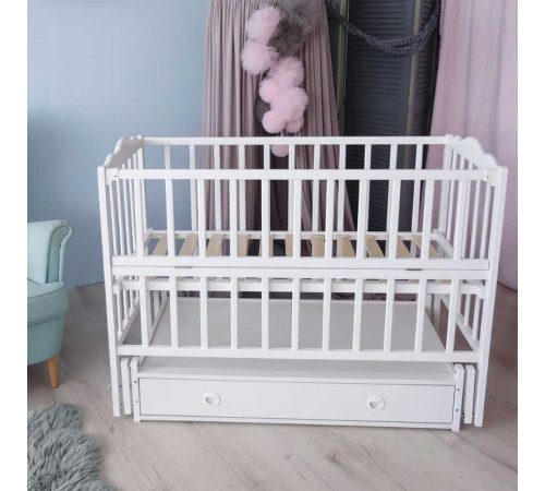 гр Ліжечко дитяче "Анастасія" (1) шарнір-підшипник з відкидною боковиною+шухляда, бук (білий)