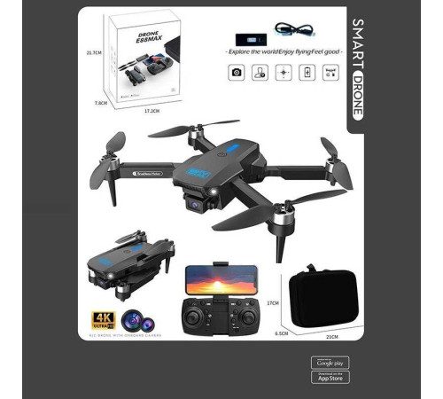 Квадрокоптер на радіокеруванні E 88 MAX (36) акумулятор, USB-кабель, викрутка, пульт, підсвічування, HD камера, сумка для зберігання, додаток, в коробці