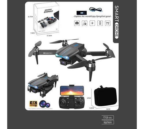 Квадрокоптер на радіокеруванні E 99 MAX ШТРИХ=80209 (36) акумулятор, USB-кабель, викрутка, пульт, підсвічування, HD камера, сумка для зберігання, додаток, в коробці