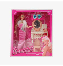 Лялька 8021-1 (60/2) висота 30см, гумова голова, верхні кінцівки на шарнірах, трюмо з дзеркальцем, стільчик, сережки, в коробці