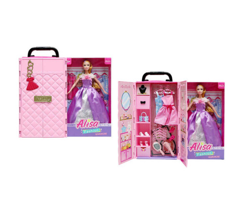 Лялька YS 2502 C (18/2) висота 30 см, шарнірні кінцівки, гардероб із поличками, 2 сукні на вішаках, гребінець, дзеркальце, пара взуття, 4 вішаки, в коробці