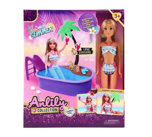 Лялька 616111 (24) висота: 29.5 см, знімний одяг та взуття, басейн: 25.5х18.5х6.5 см, гірка, пальма, аксесуари, в коробці