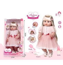 Лялька A 911 D (12/2) гумова, висота - 52 см, заплющує очі, функціональна, прошите волосся, рухомі кінцівки, пляшечка, памперс, ходить на горщик, щітка для волосся, взуття, в коробці