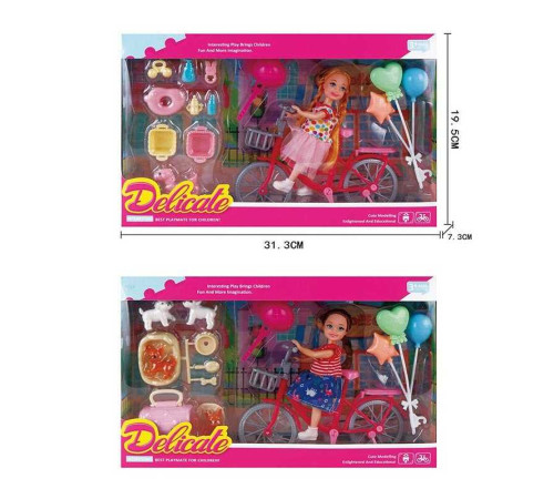 Лялька L 5-39 (72/2) 2 види, висота ляльки - 14 см, гумова голова, велосипед з кошиком, муляжі повітряних кульок, аксесуари в наборі
