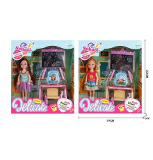 Лялька L 5-17 (96/2) 2 види, "Школа", дошка, ранець, парта, стільчик, висота ляльки 14см, в коробці