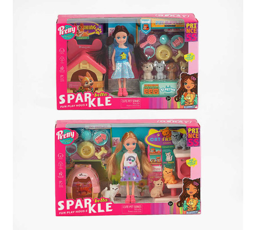 Лялька 7018 (48) 2 види, висота 13 см, 4 улюбленці, аксесуари по догляду за тваринками, в коробці