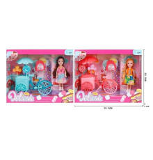 Лялька L 5-32 (96/2) 2 види, висота ляльки - 14 см, гумова голова, велосипед з морозивом та парасолькою, рюкзак, в коробці