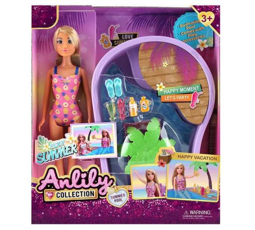 Лялька з аксесуарами 616112 (18) висота 29 см, знімний одяг та взуття, об’ємний басейн, гірка, пальма, склянки для напоїв, крем від сонця, капці, в коробці